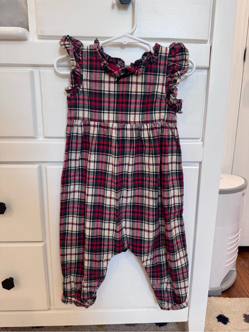 Pink Chicken Red and Cream Plaid Ruffle Romper